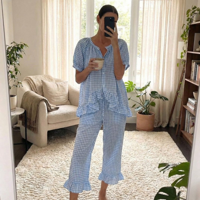 2 Pieces Gingham Plaid Puff Sleeve Style Lounge Pajama Set