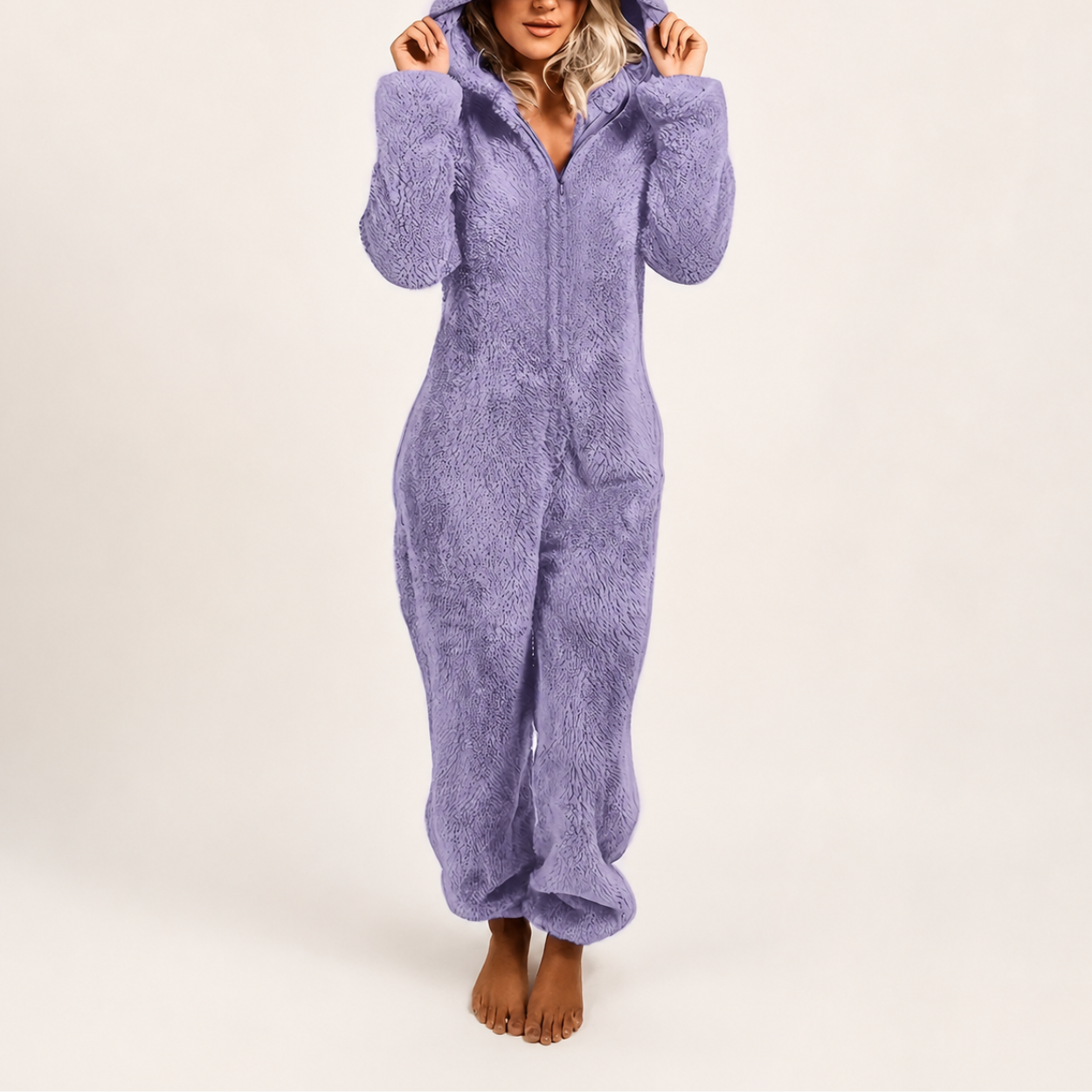 Fuzzy Hooded Pajama Jumpsuit With Zipper For Women