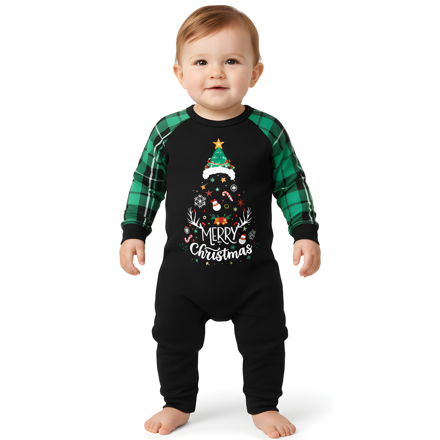 Merry Christmas Tree Print Plaid Pajama Set With Long Sleeve Tops And Loungewear