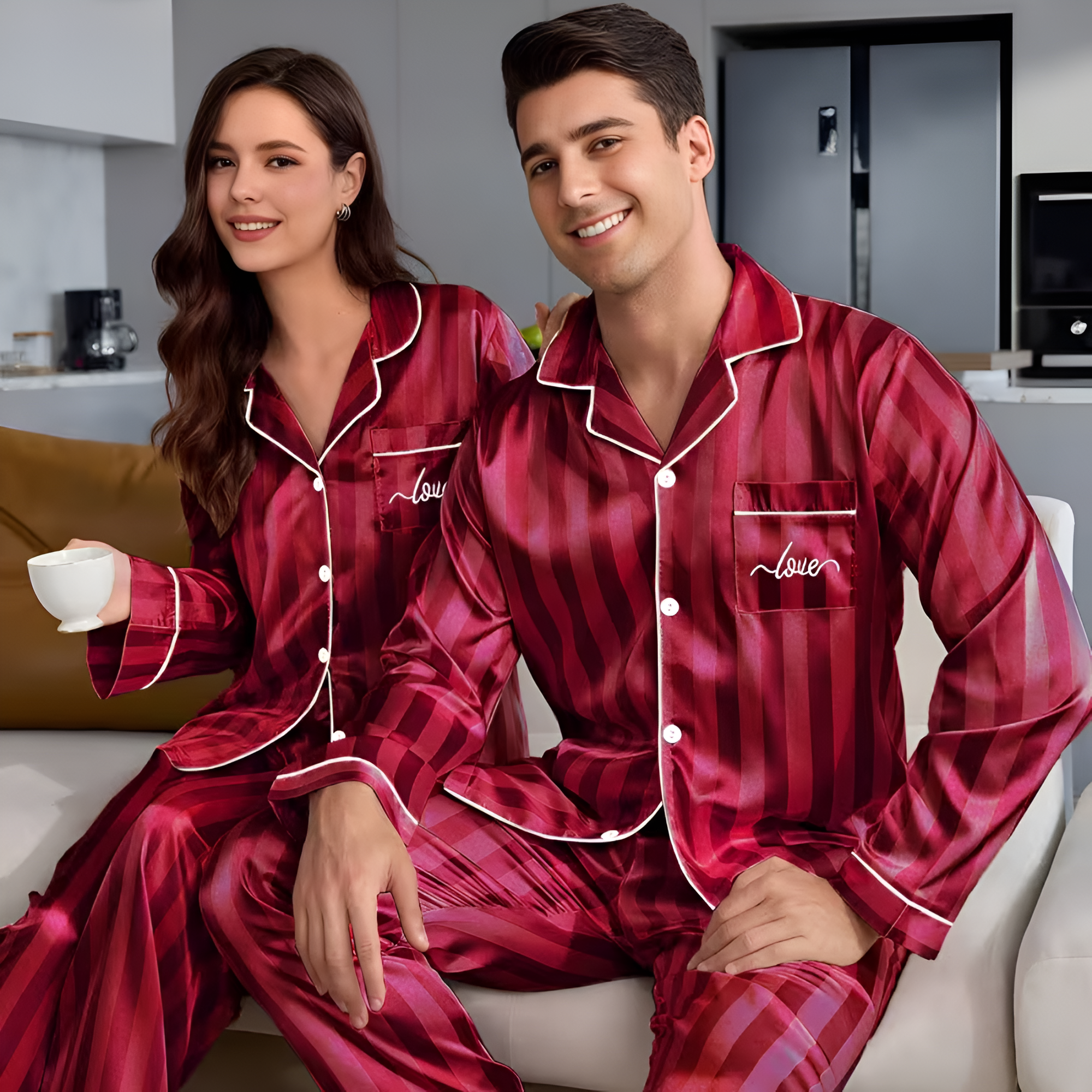 Couple Style Long Sleeve Striped Button Up Loungewear Pajama Set