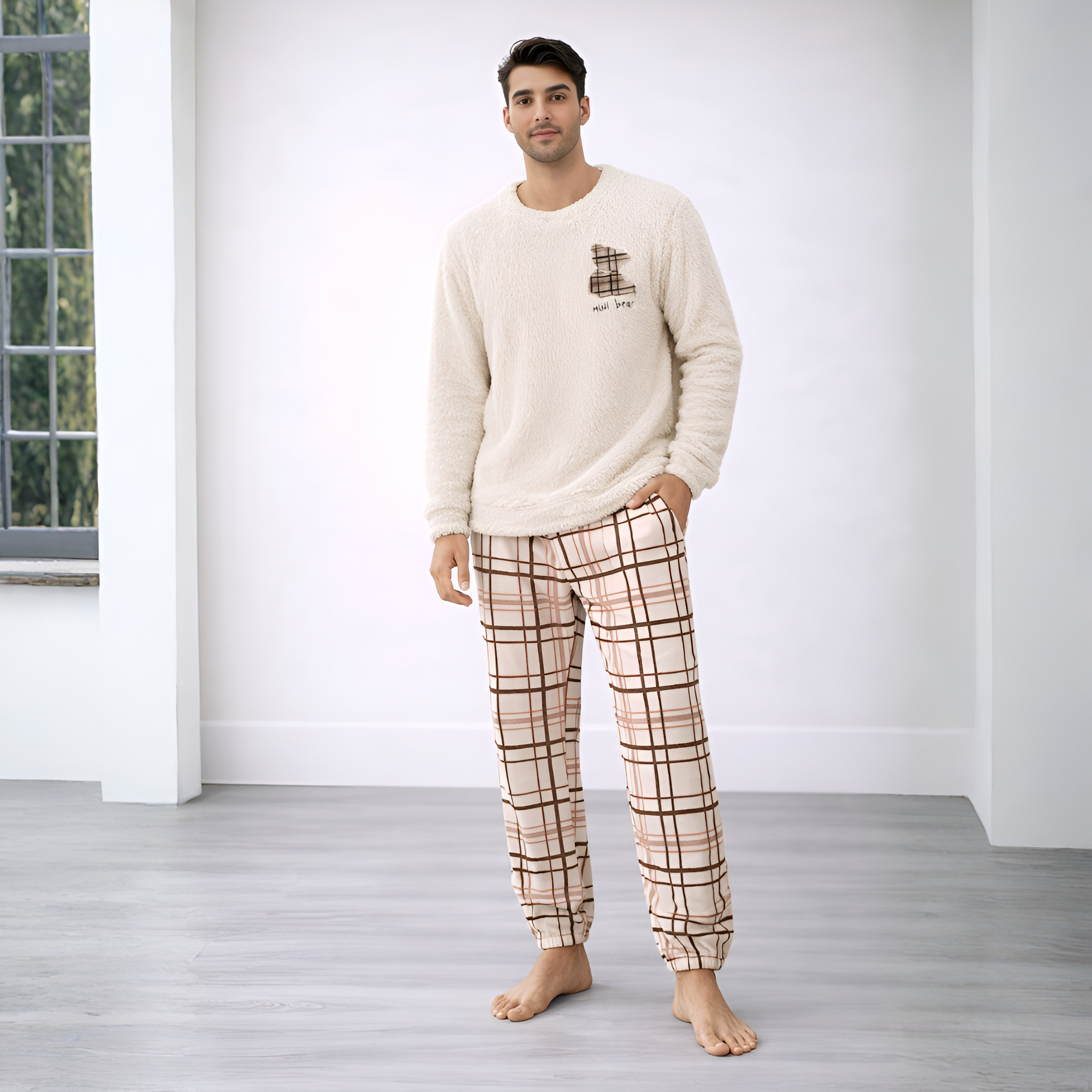 Plush Plaid Long Sleeve Pajama Set For Couple