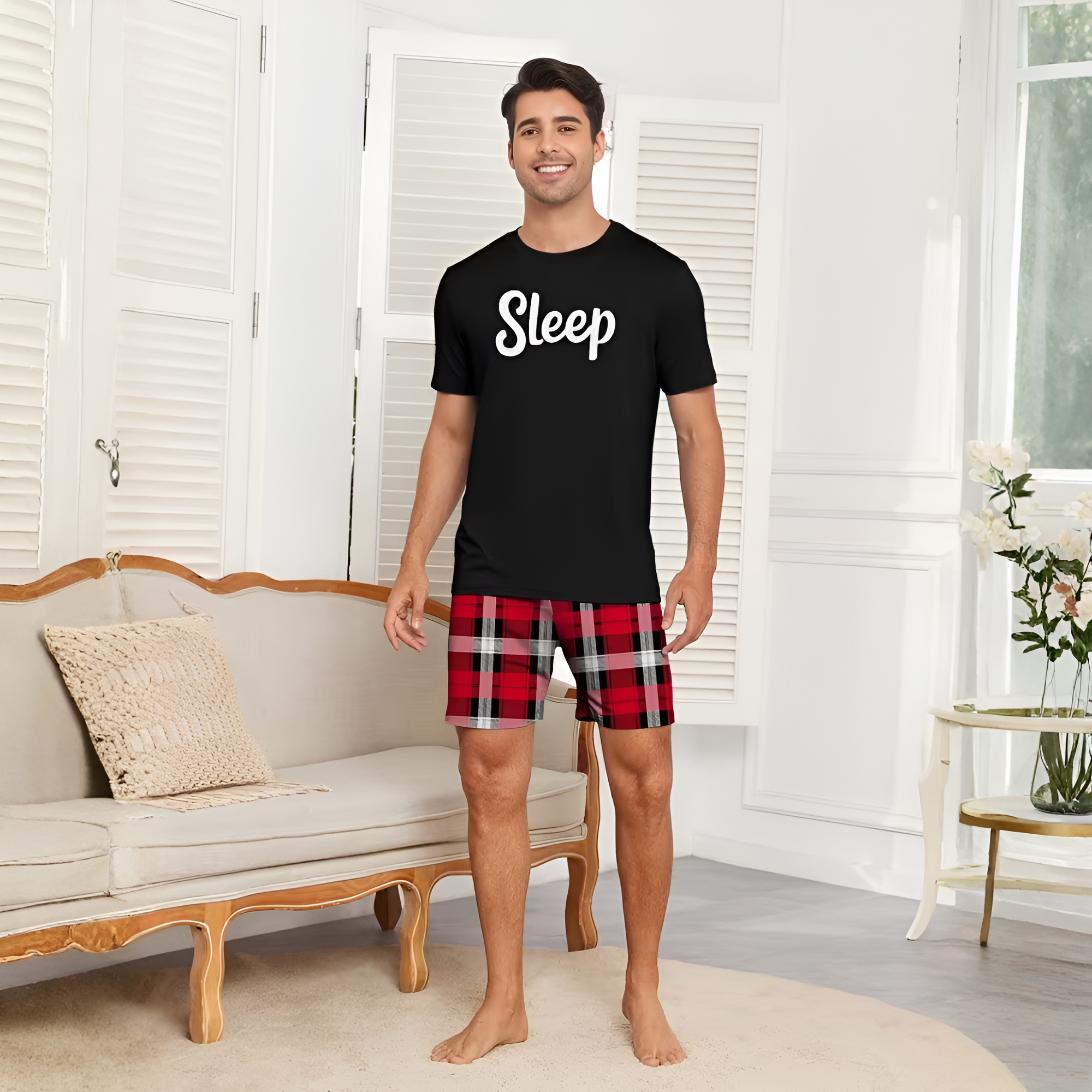 Couple Plaid Letter Print Short Sleeve Loungewear Set