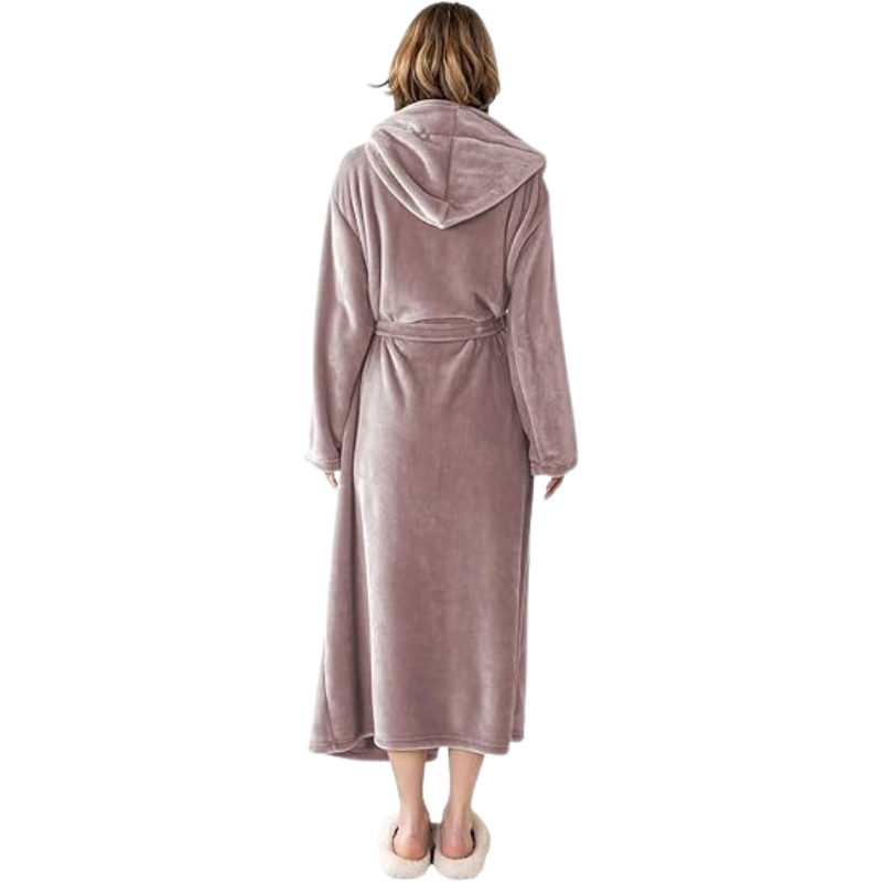Women Hooded Plush Fleece Bathrobe With Sash And Pockets