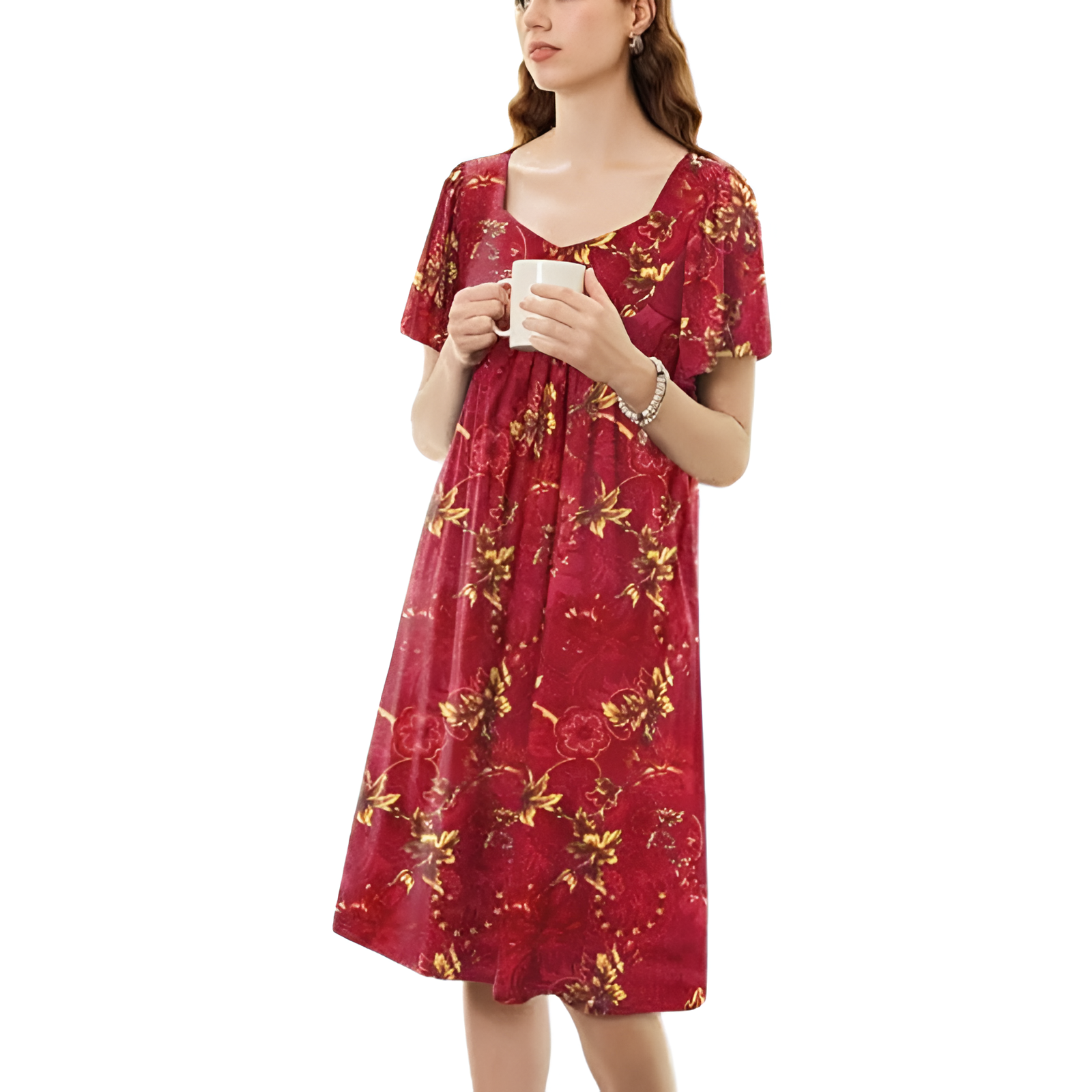 Pleated Nightgown With Short Sleeves And Pockets For Women