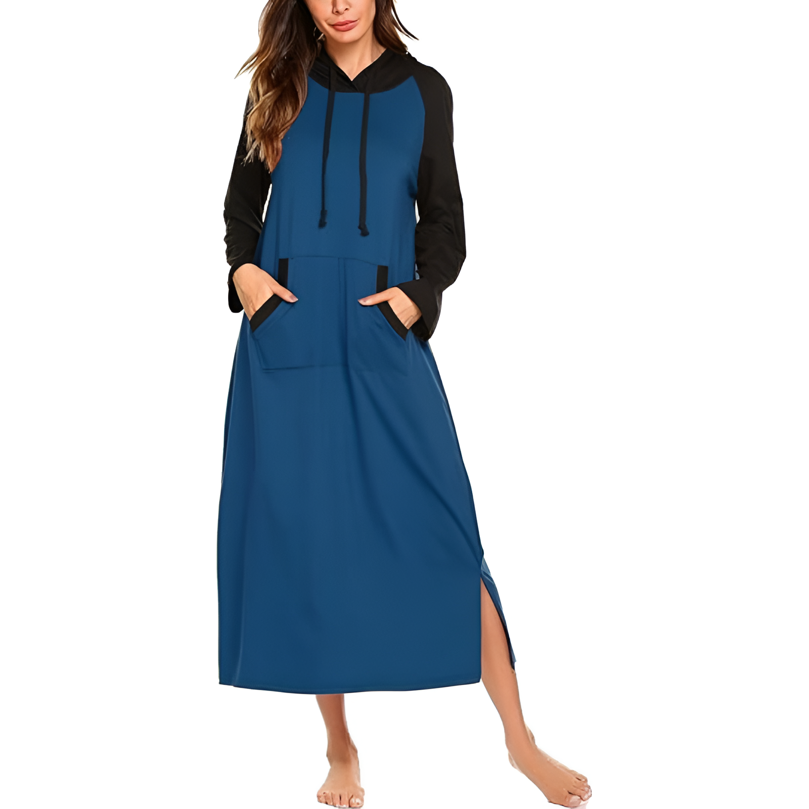 Hooded Nightgown Long Sleeve Full Length Loungewear With Pocket For Women