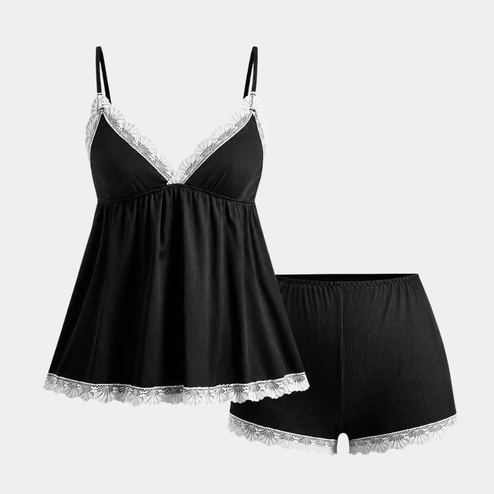 Casual Ribbed Lace Camisole Shorts Set For Women
