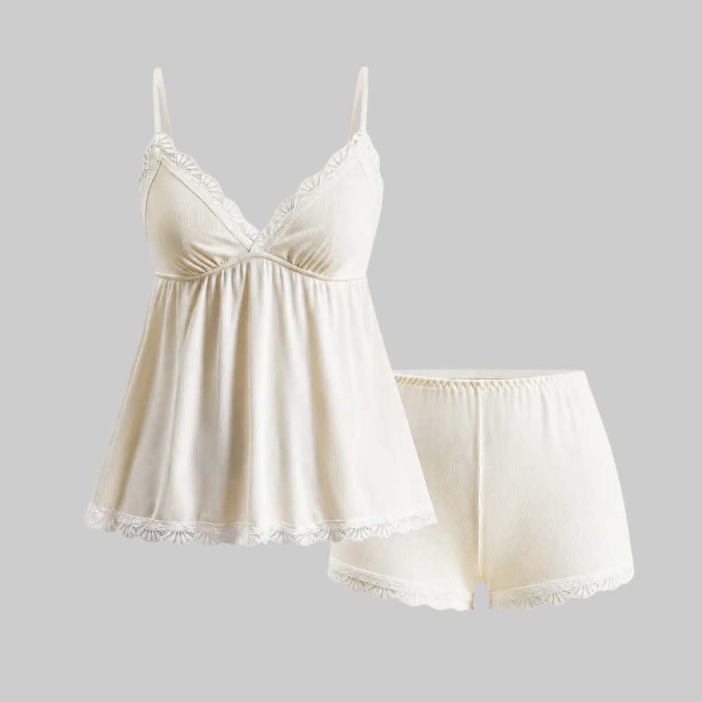 Casual Ribbed Lace Camisole Shorts Set For Women