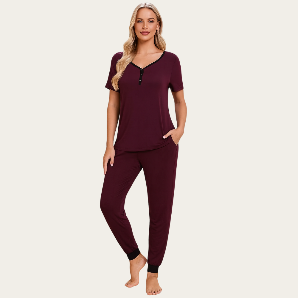 2 Piece Pajama Sleepwear Set For Women With Short Sleeve Top