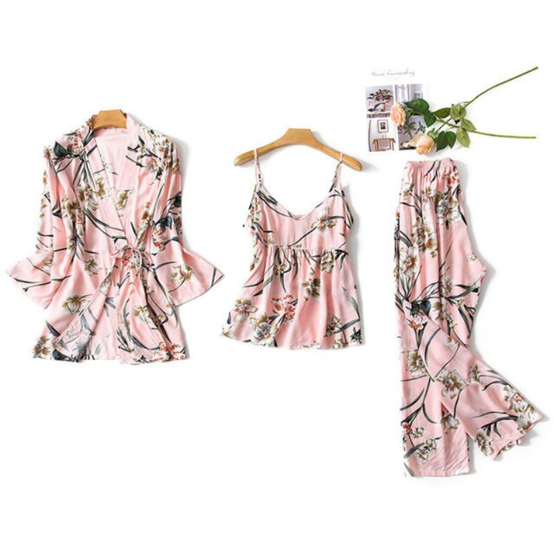 Flower Print Kimono Bathrobe Gown Sleepwear-Original Pajamas