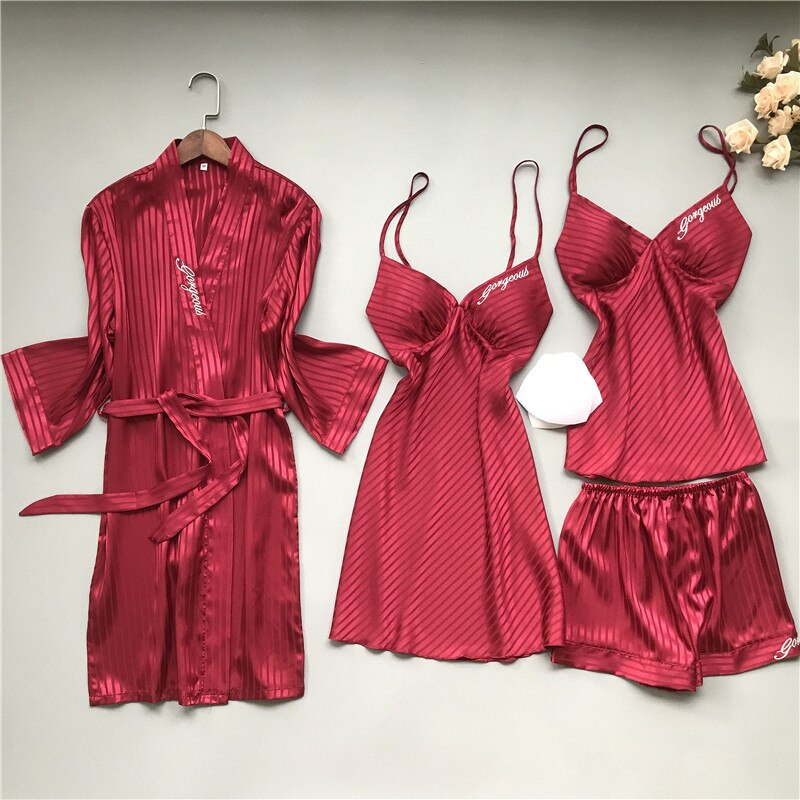 4 Piece Nightwear Solid Color Stripes Set-Original Pajamas