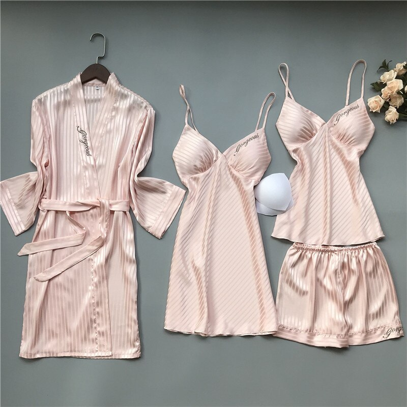 4 Piece Nightwear Solid Color Stripes Set-Original Pajamas