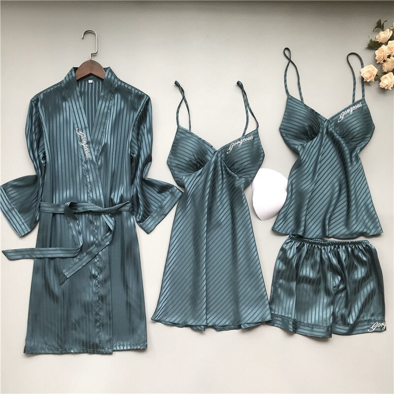 4 Piece Nightwear Solid Color Stripes Set-Original Pajamas