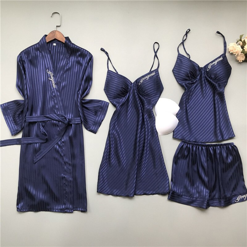 4 Piece Nightwear Solid Color Stripes Set-Original Pajamas
