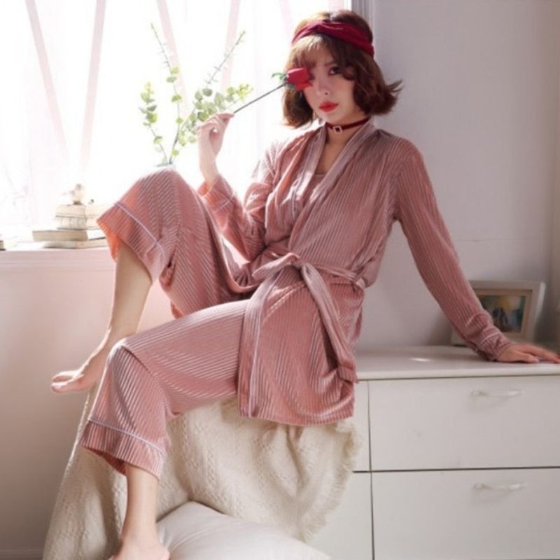 3 Pieces Stripes Solid Female Sleepwear Elegant Nightgown-Original Pajamas