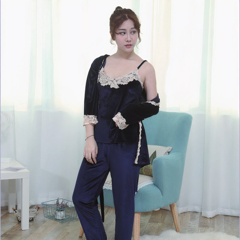 The Velvet Long Pajama 3 Piece Pajama Set Beautiful Sleepwear-Original Pajamas