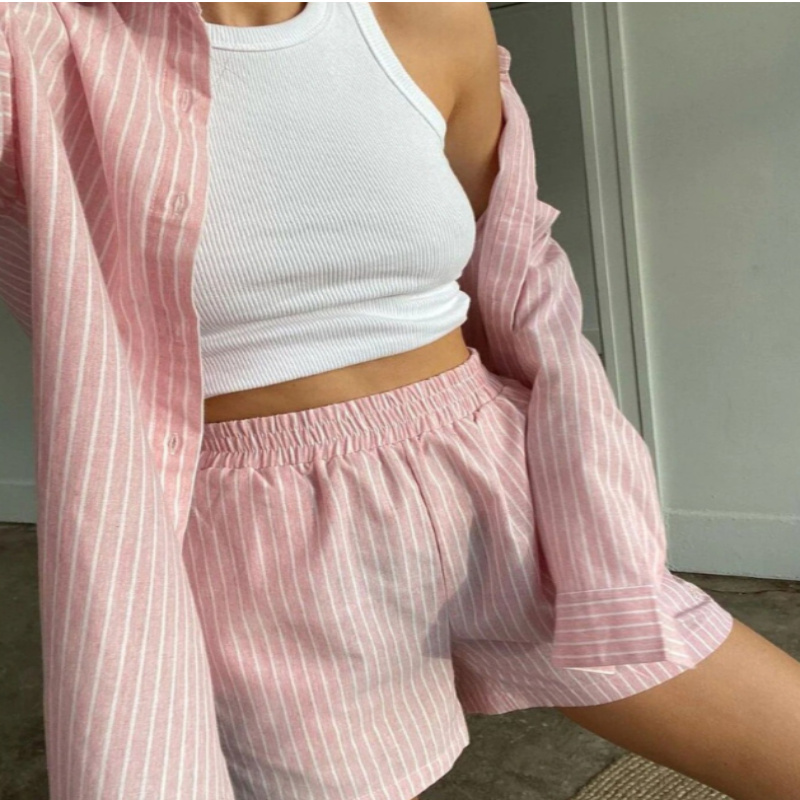 Long-Sleeve Shirt Tops & High Waist Short Set-Original Pajamas