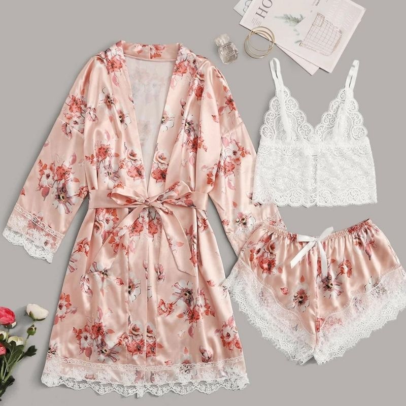 The Lace Floral 3 Piece Short Pajama Set Original Pajamas-Original Pajamas