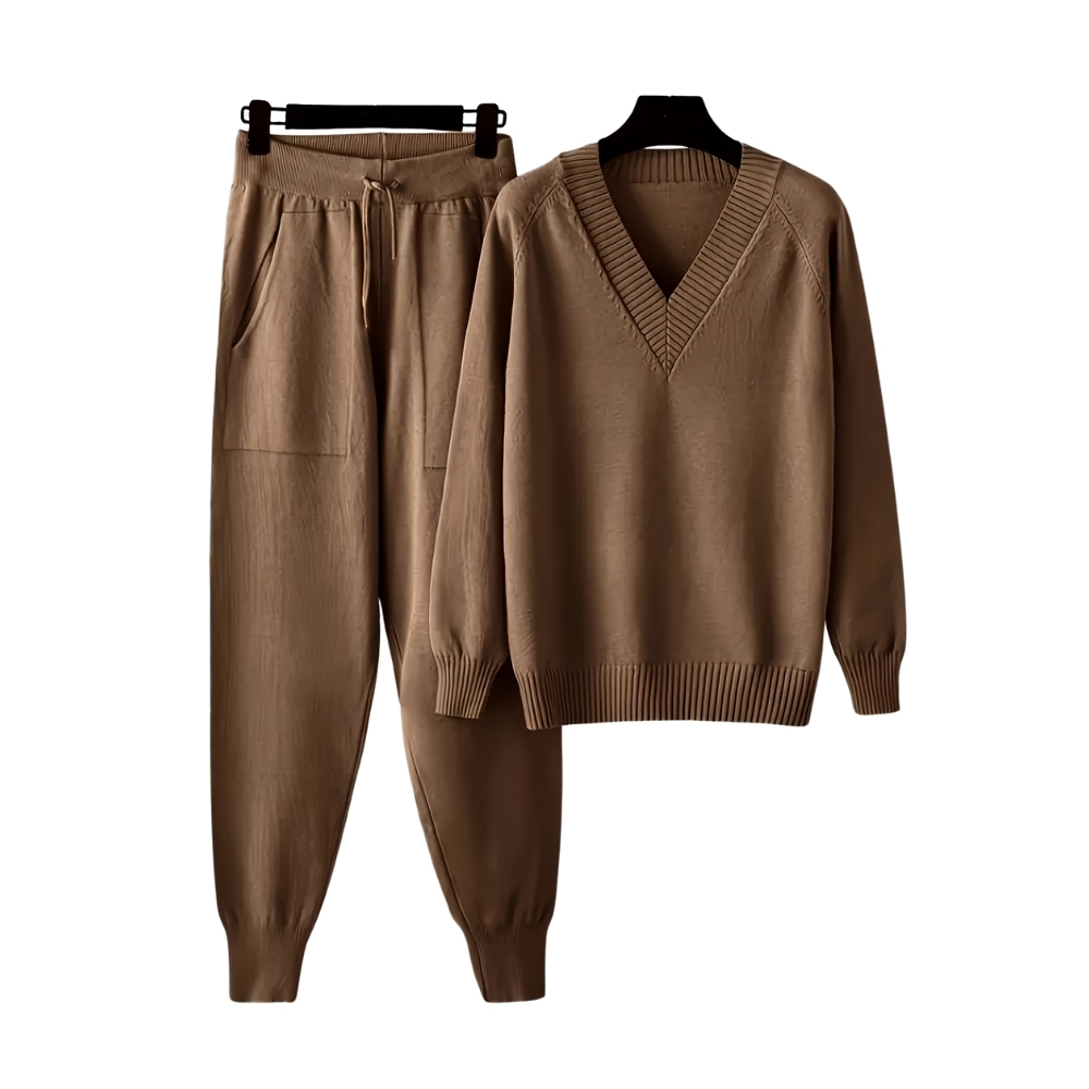 V Collar Knit Sweater Pant Set