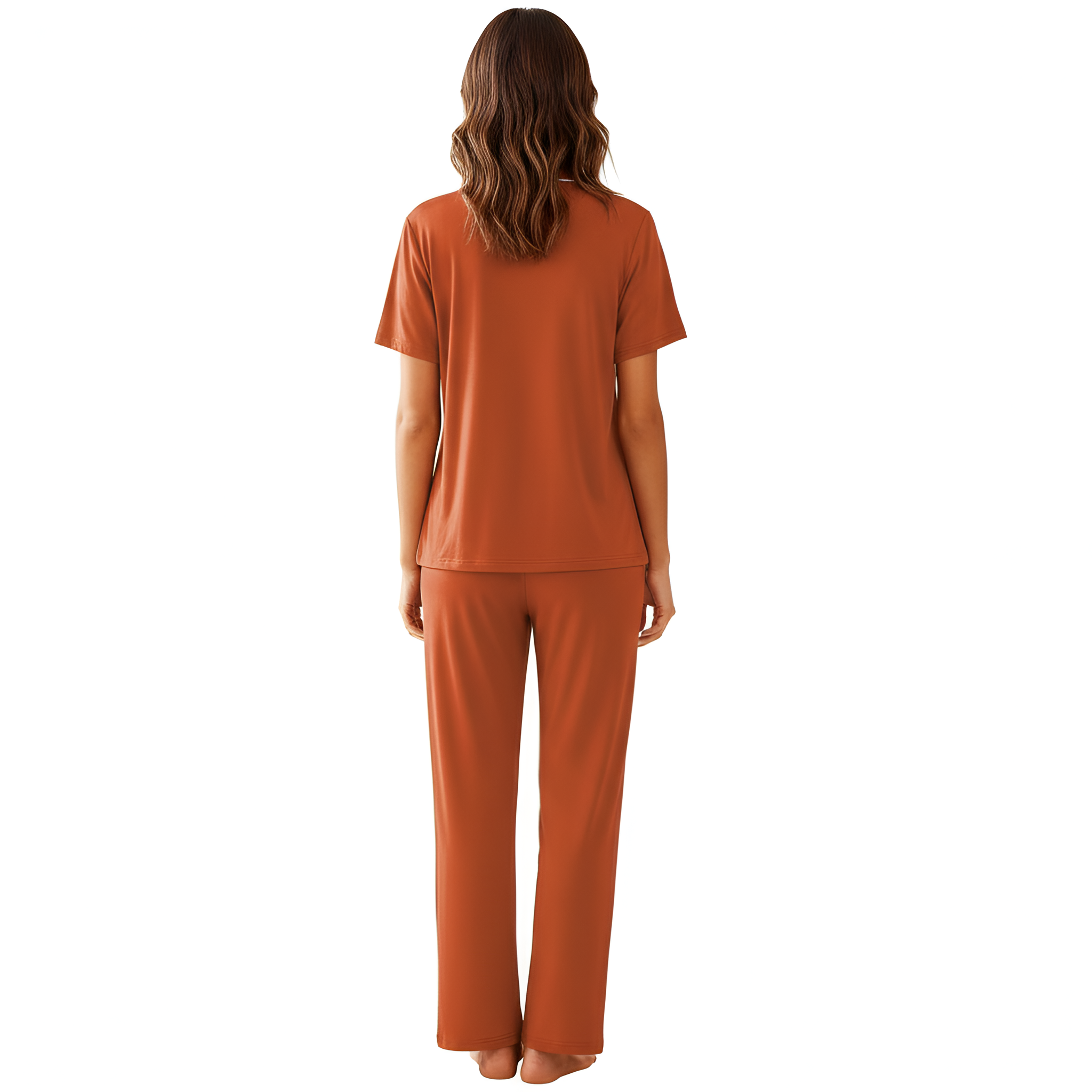 Pajamas Set With Notch Collar Button Down Top And Long Pants For Women