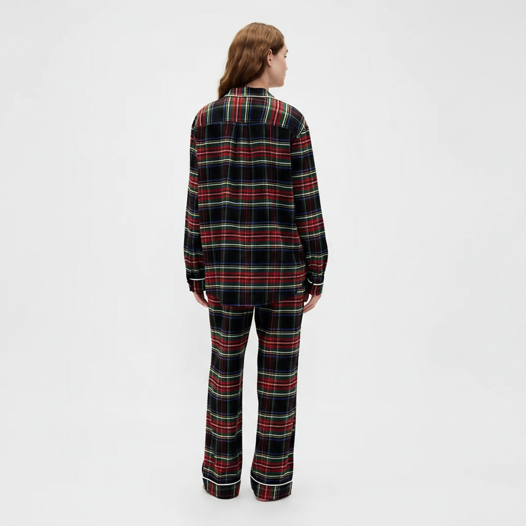 Flannel Pajama Set With Button Front Top and Drawstring Pants