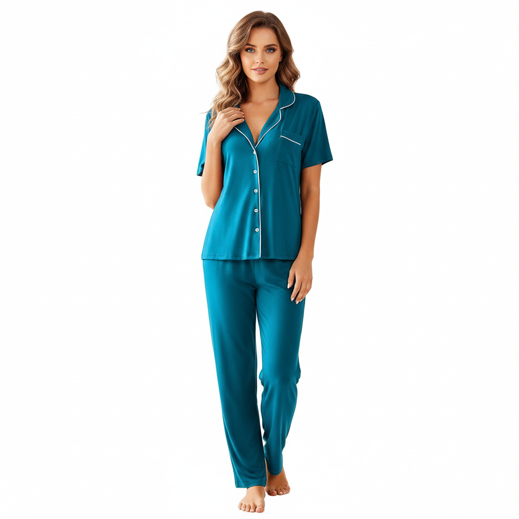 Pajamas Set With Notch Collar Button Down Top And Long Pants For Women
