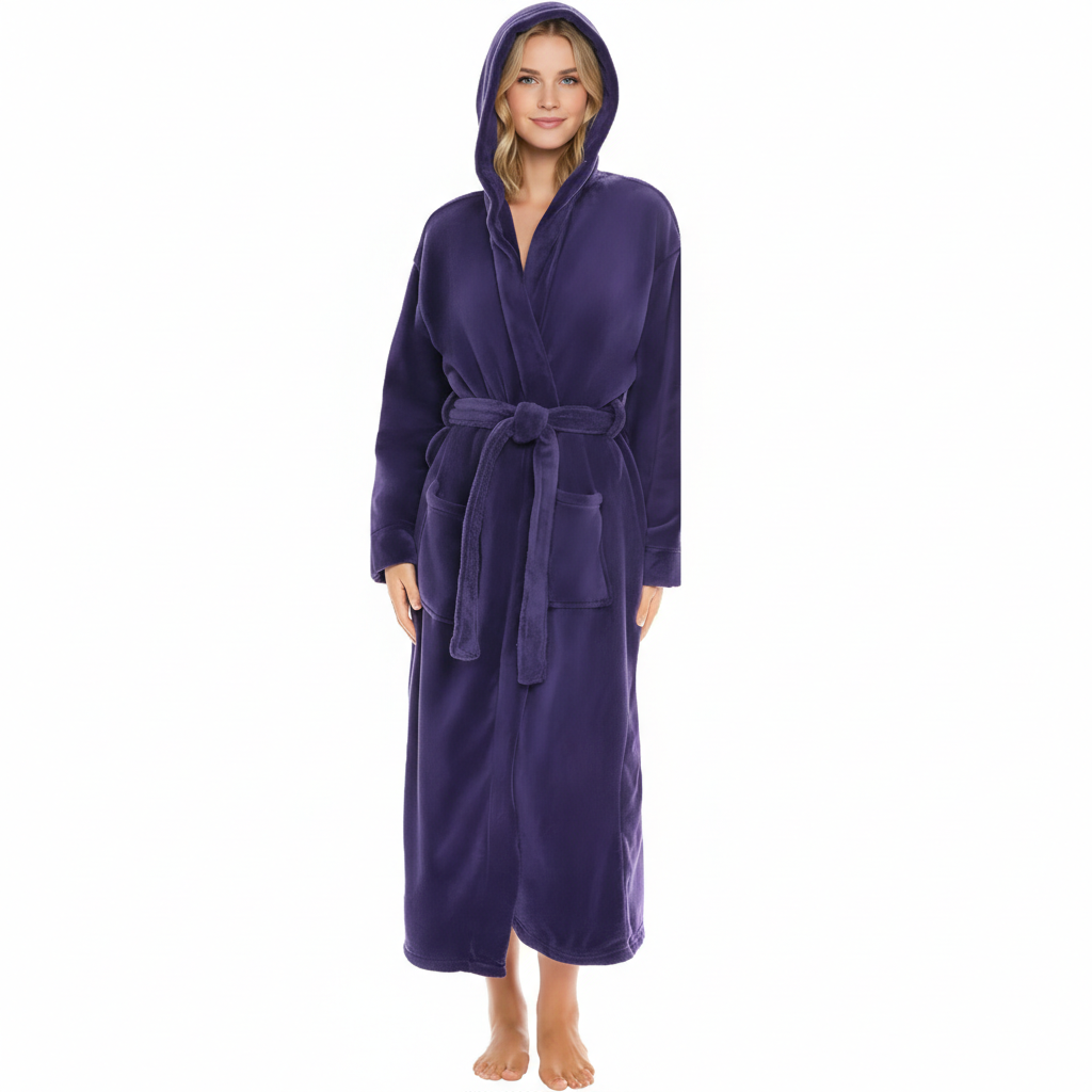 Full Length Hooded Plush Fleece Bathrobe With Belt For Women