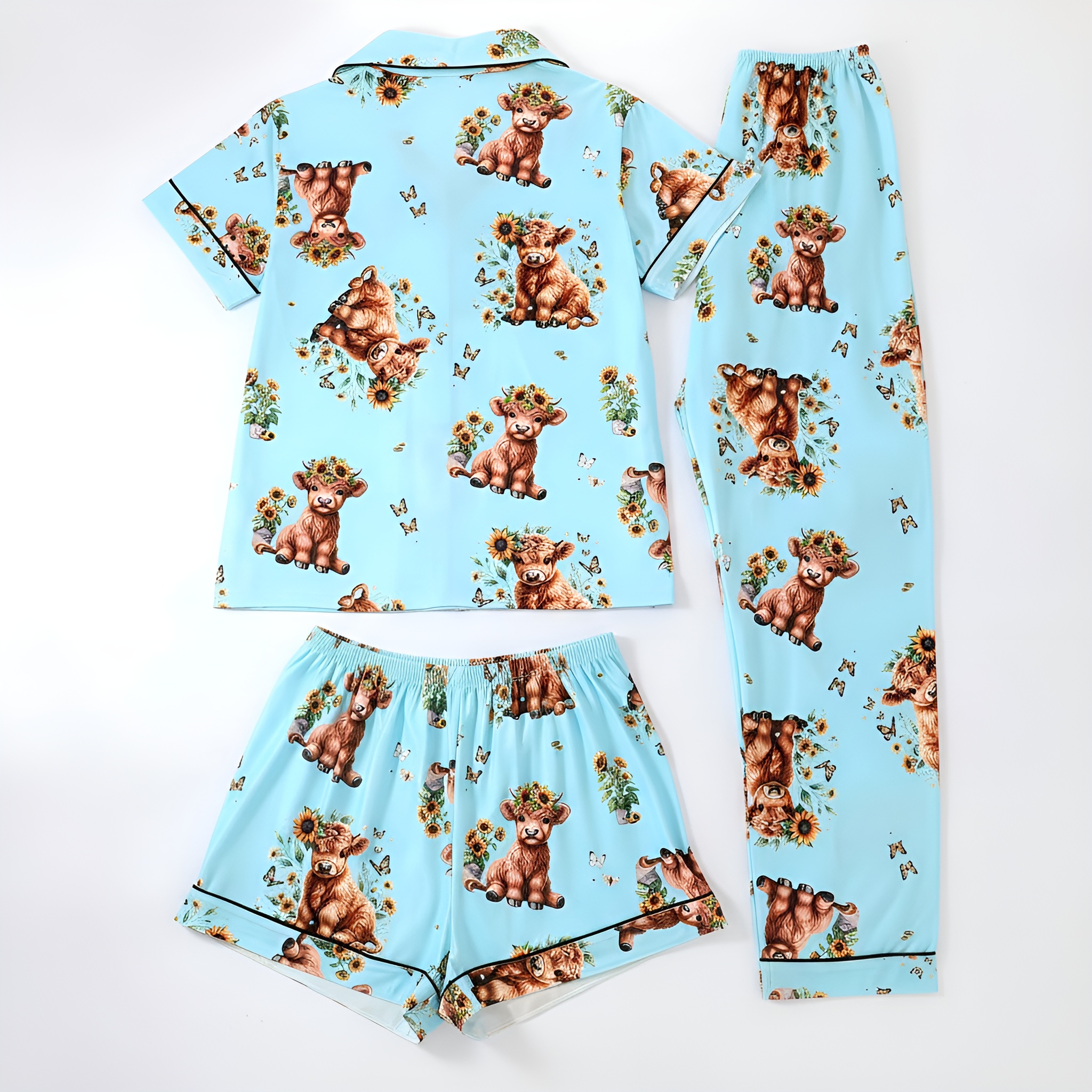 Cartoon Cow Three Piece Pajama Set