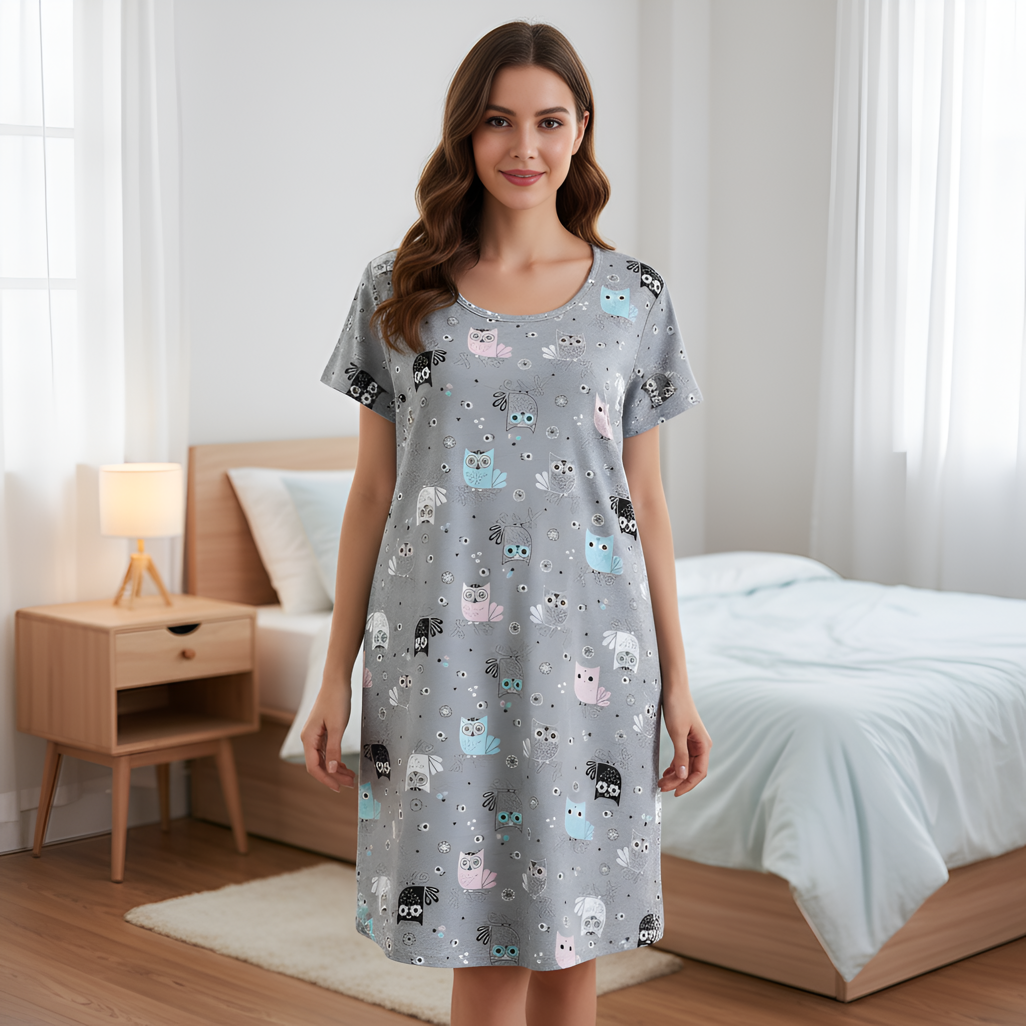 Casual Nightgown Short Sleeve Print Sleepdress 