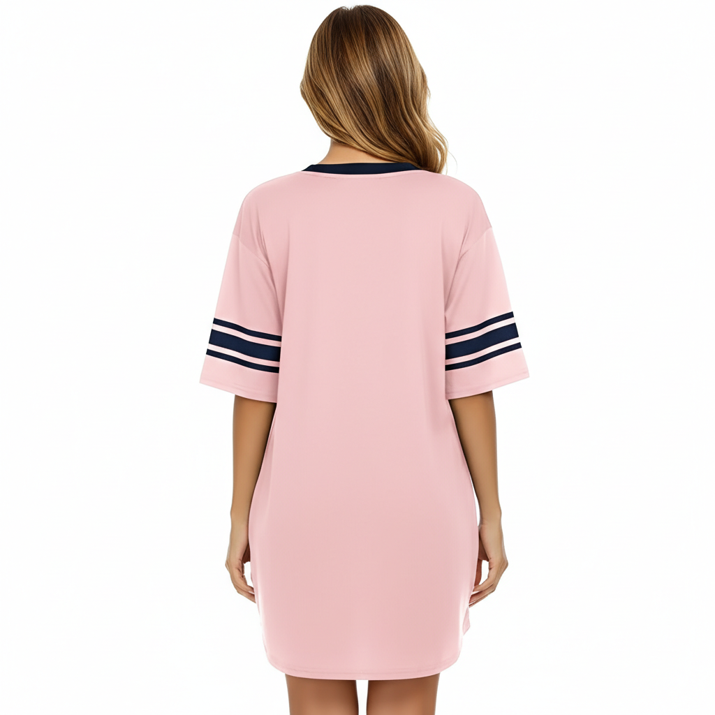 Nightgown Sleepwear With Short Sleeves And Color Block For Women