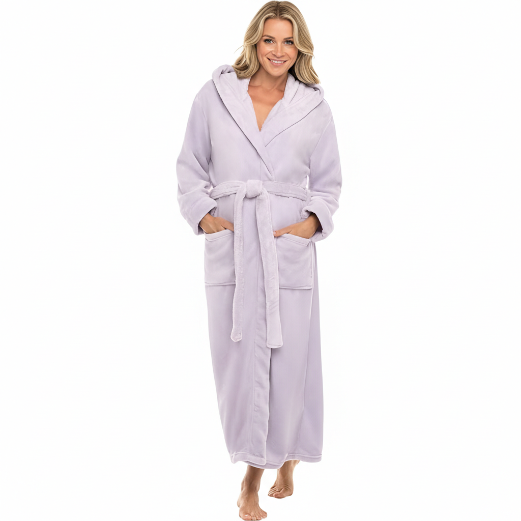 Full Length Hooded Plush Fleece Bathrobe With Belt For Women