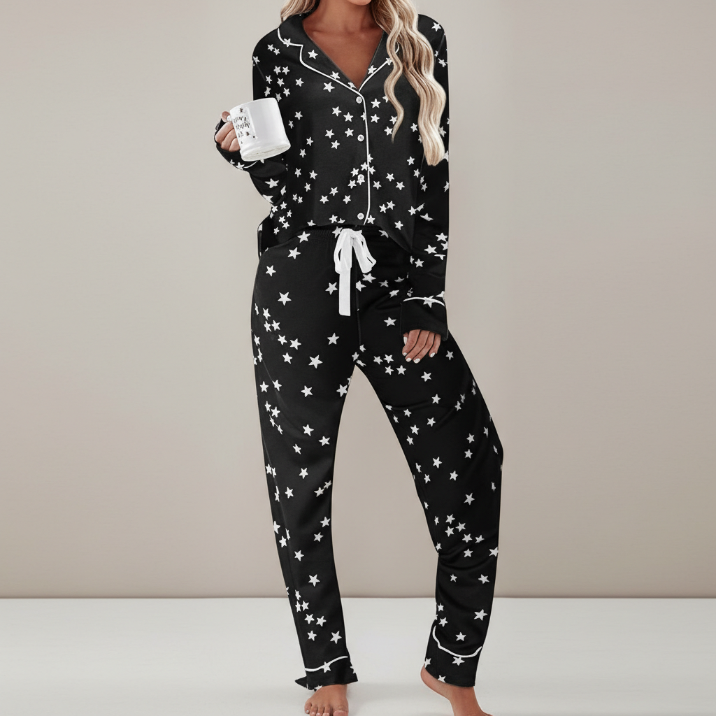 Soft Long Sleeve Pajama Set Button Front Sleepwear For Women