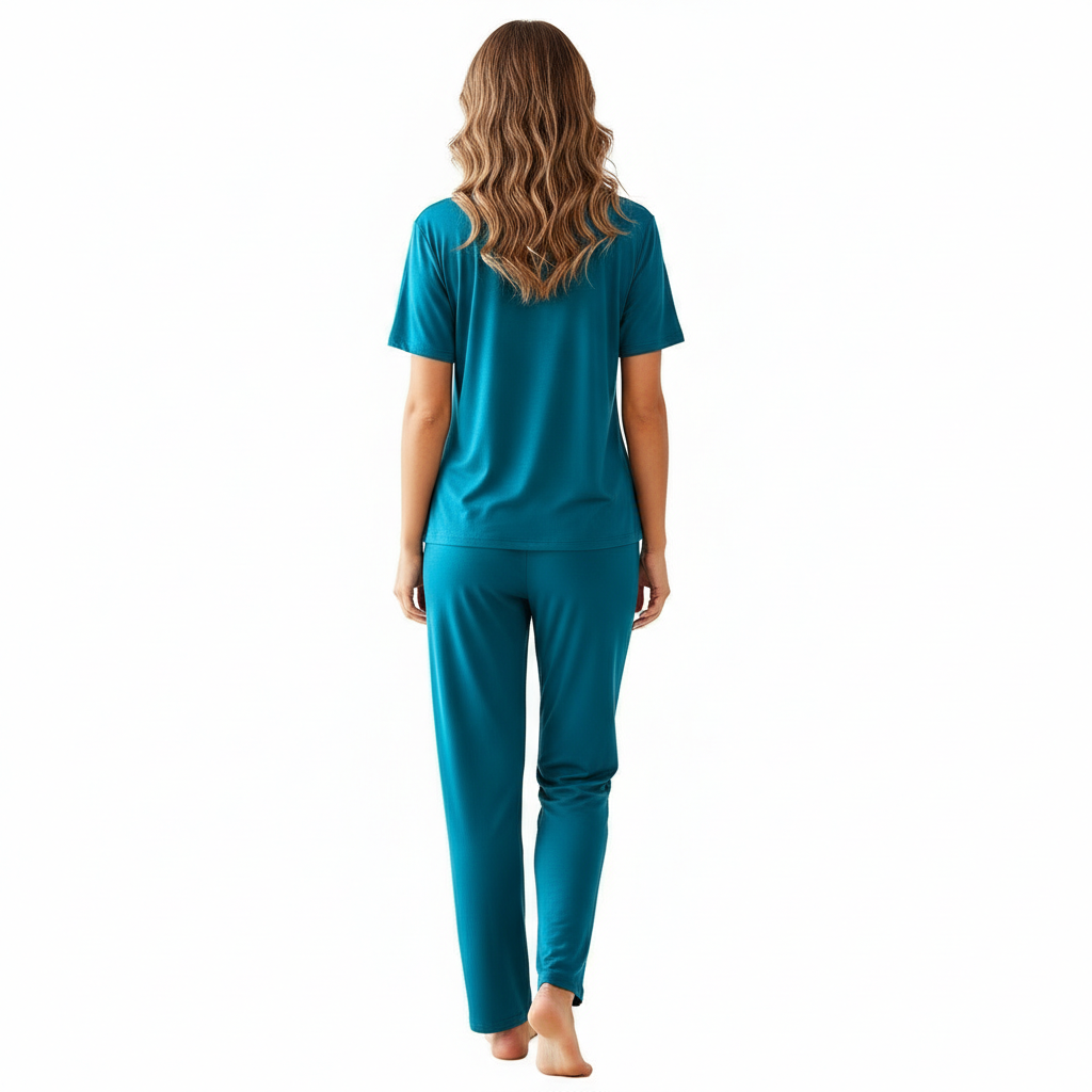Pajamas Set With Notch Collar Button Down Top And Long Pants For Women