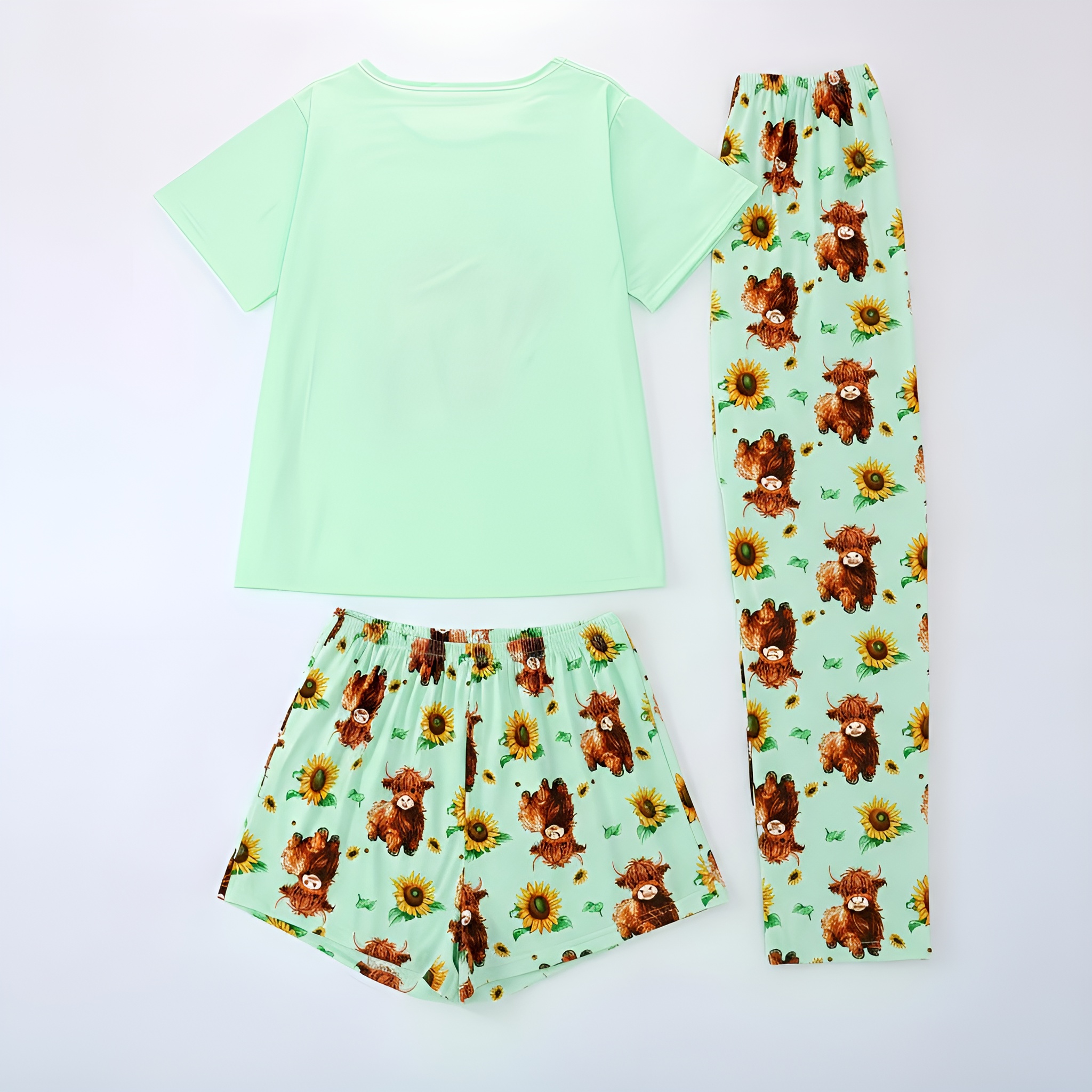 Highland Cow Print 3 Piece Pajama Lounge Set For Women