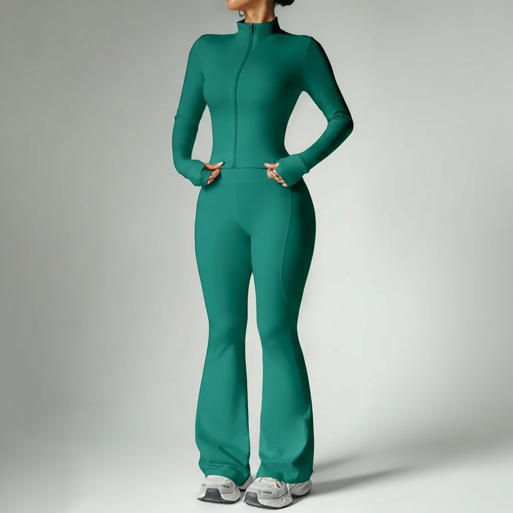 Two Piece Stand Collar Zipper Loungewear Set For Women