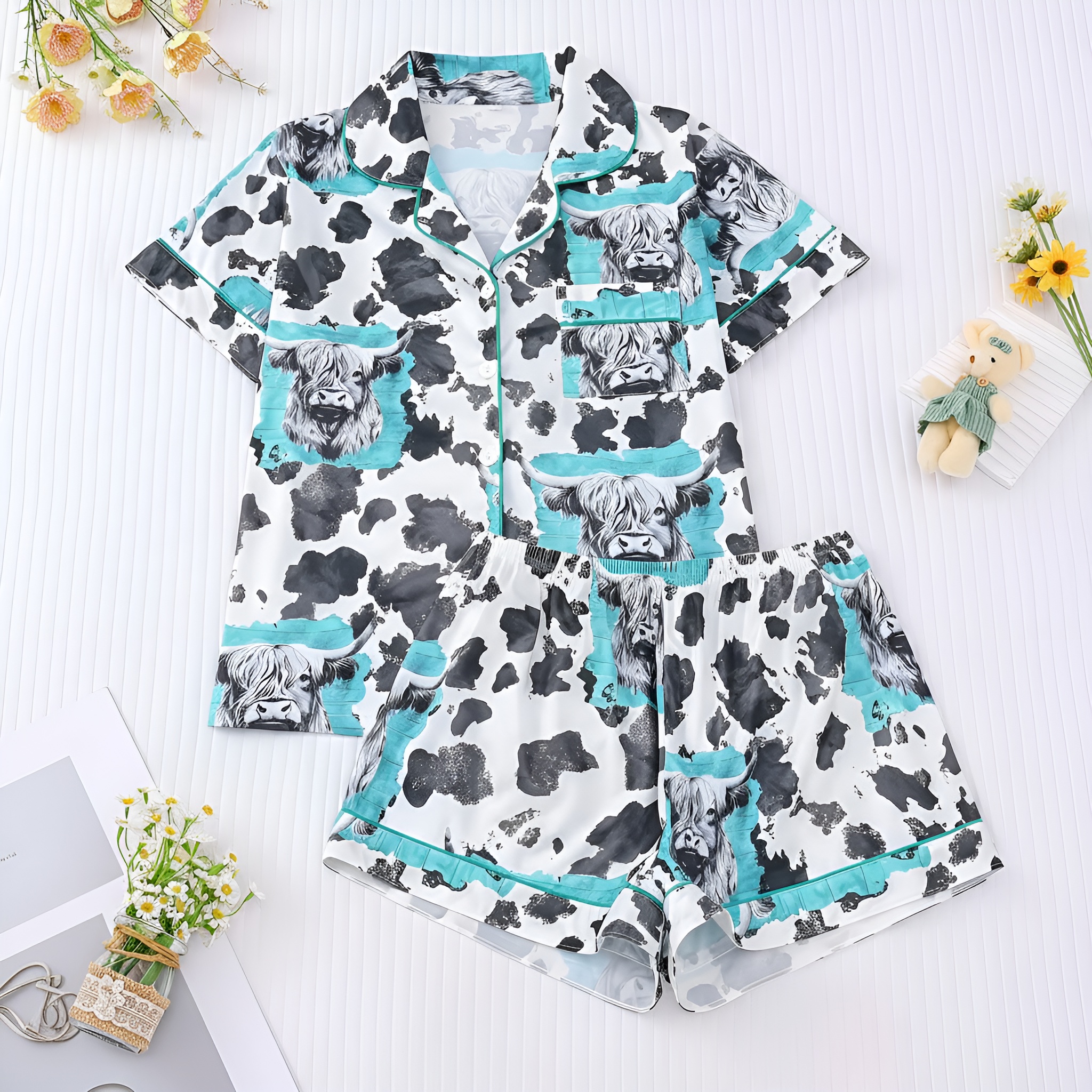 Ink Style Highland Cow Print Short Sleeve Pajama Set For Women