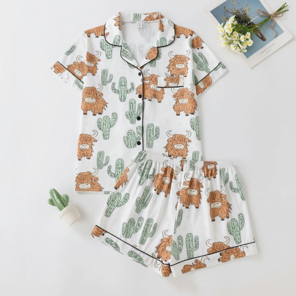 Lightweight Two Piece Cartoon Yak And Cactus Printed Pajama Set 