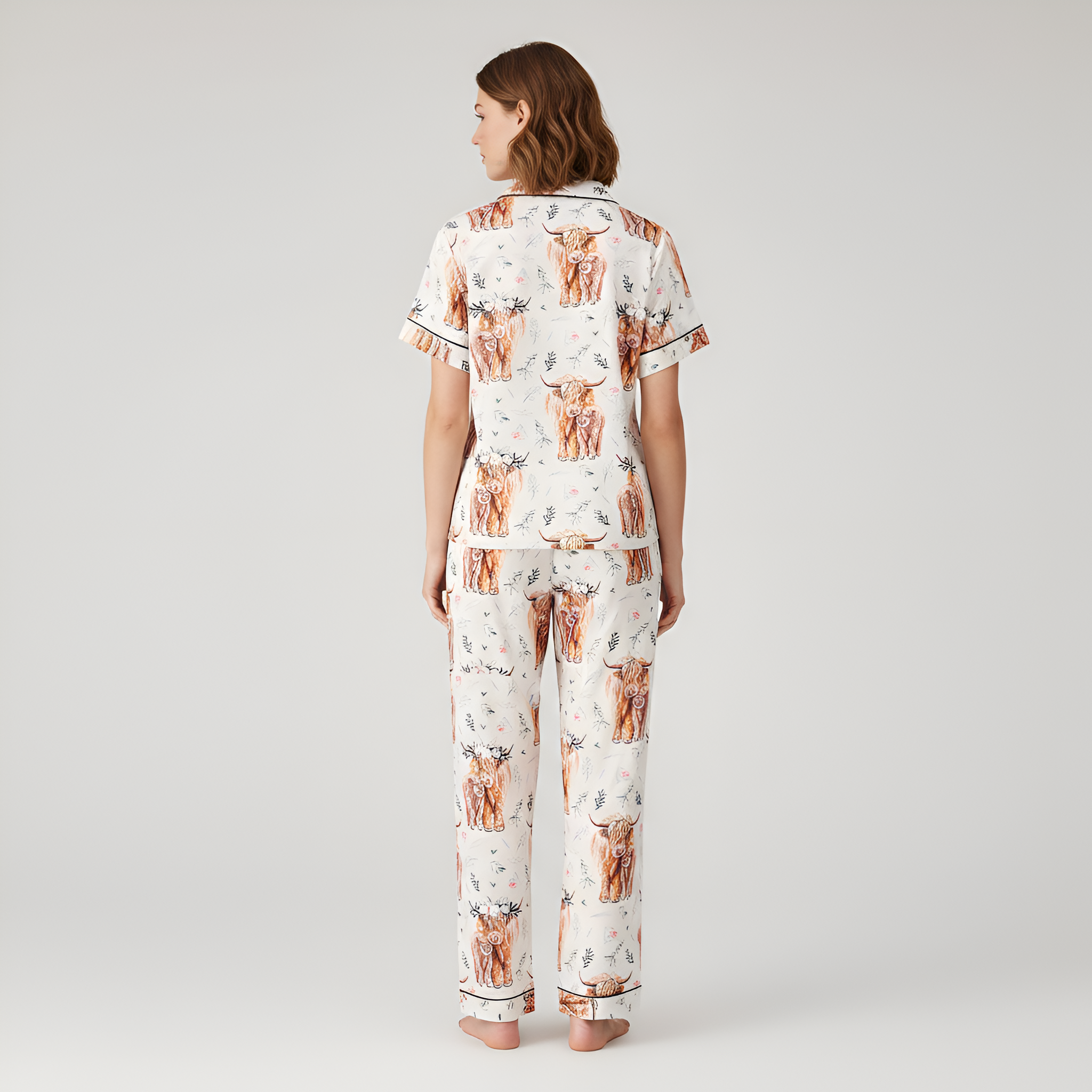 Three-piece floral cow print adult pajama set, can be worn outside