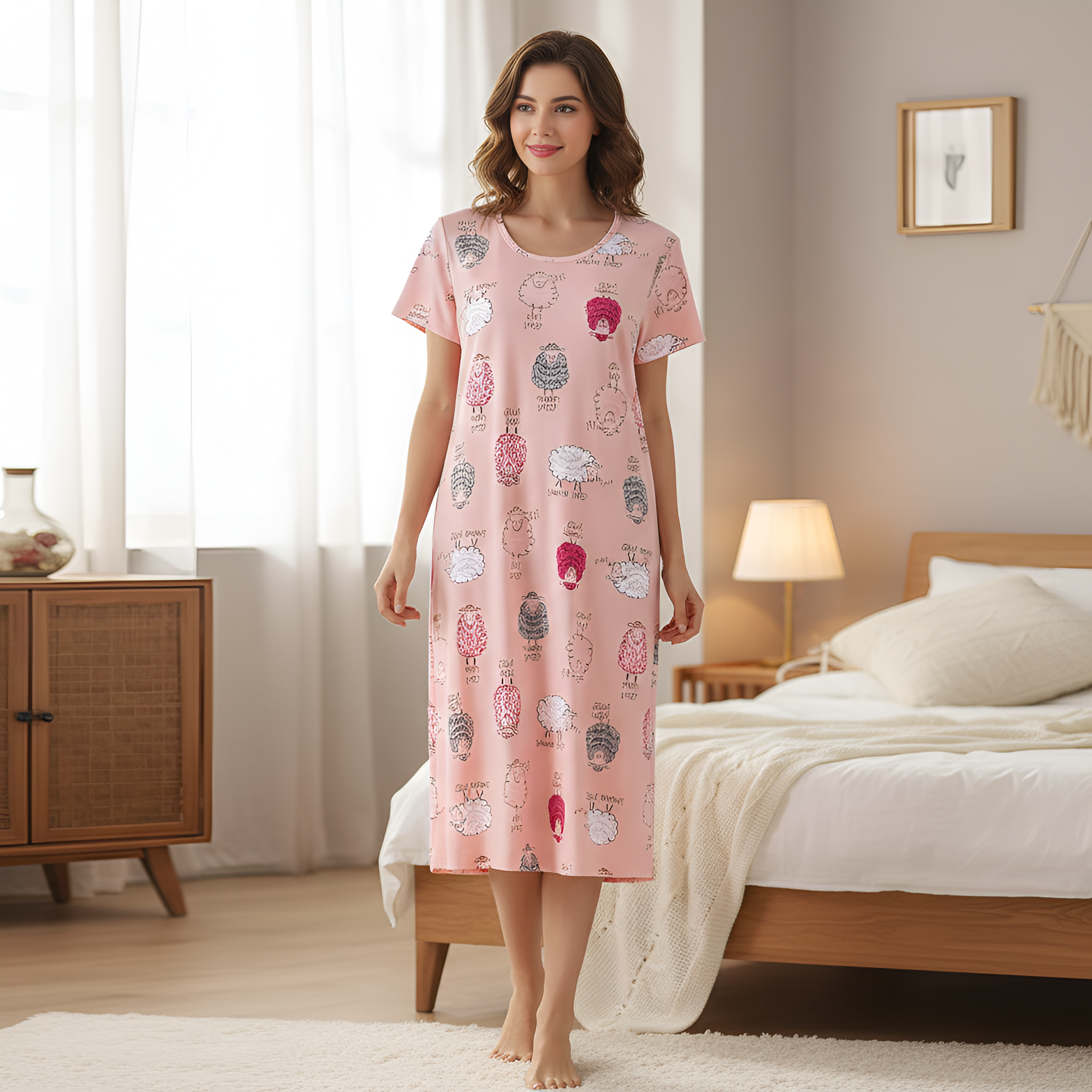 Casual Nightgown Short Sleeve Print Sleepdress 