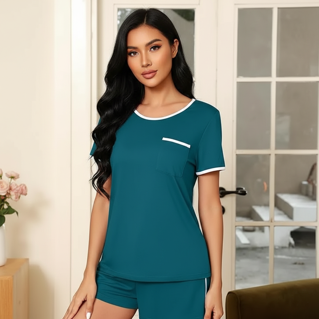 2 Piece Of Lightweight Pajama Set Short Sleeve Lounge Wear For Women