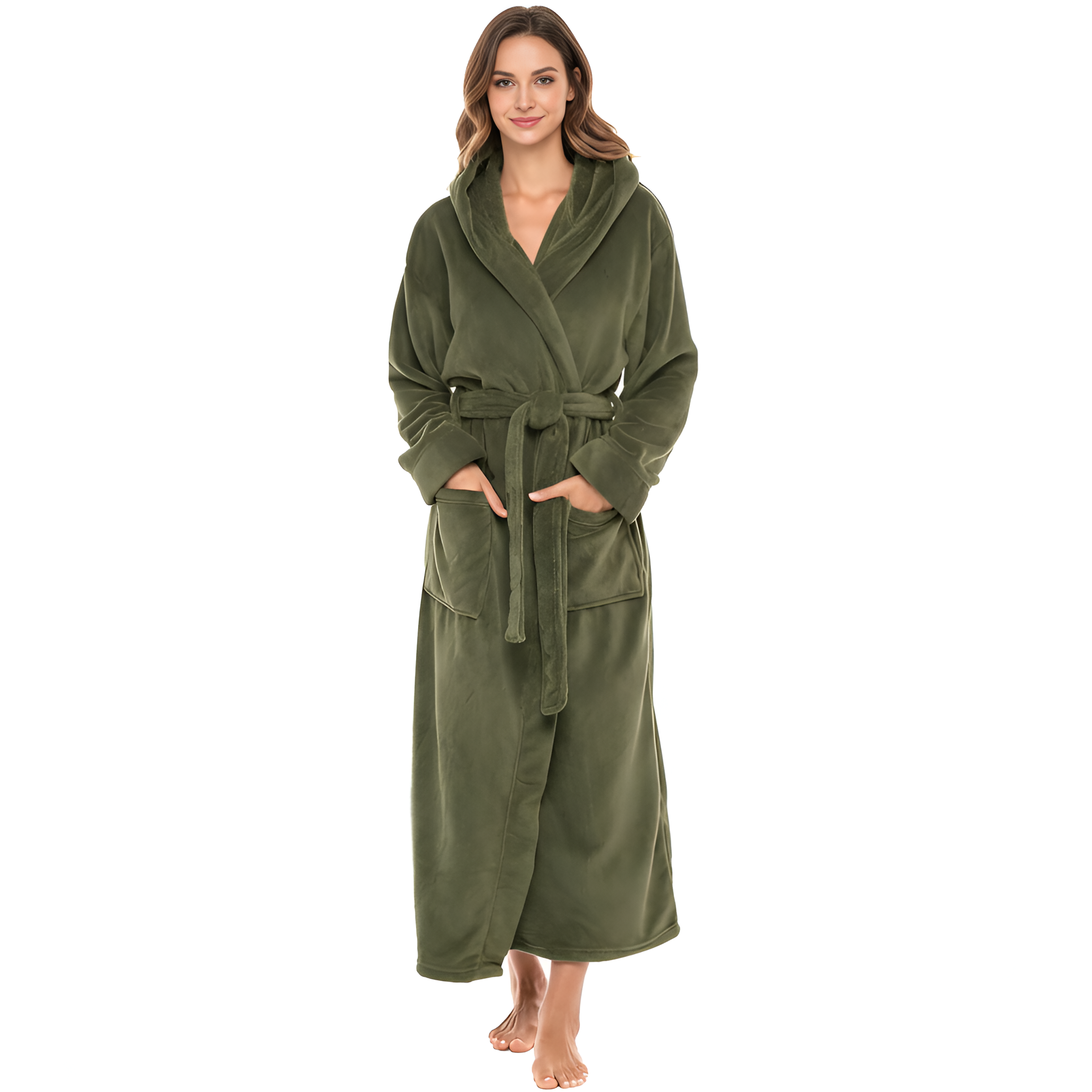 Full Length Hooded Plush Fleece Bathrobe With Belt For Women