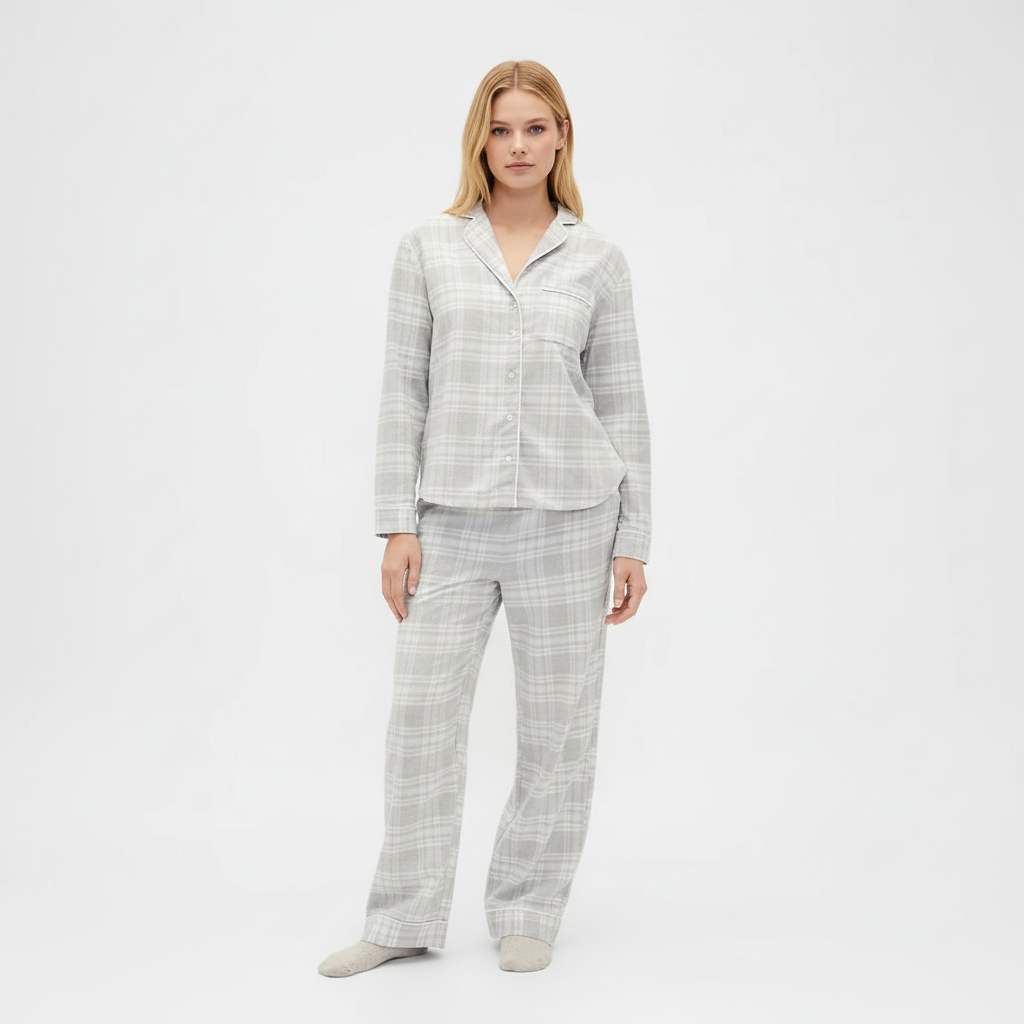 Flannel Pajama Set With Button Front Top and Drawstring Pants
