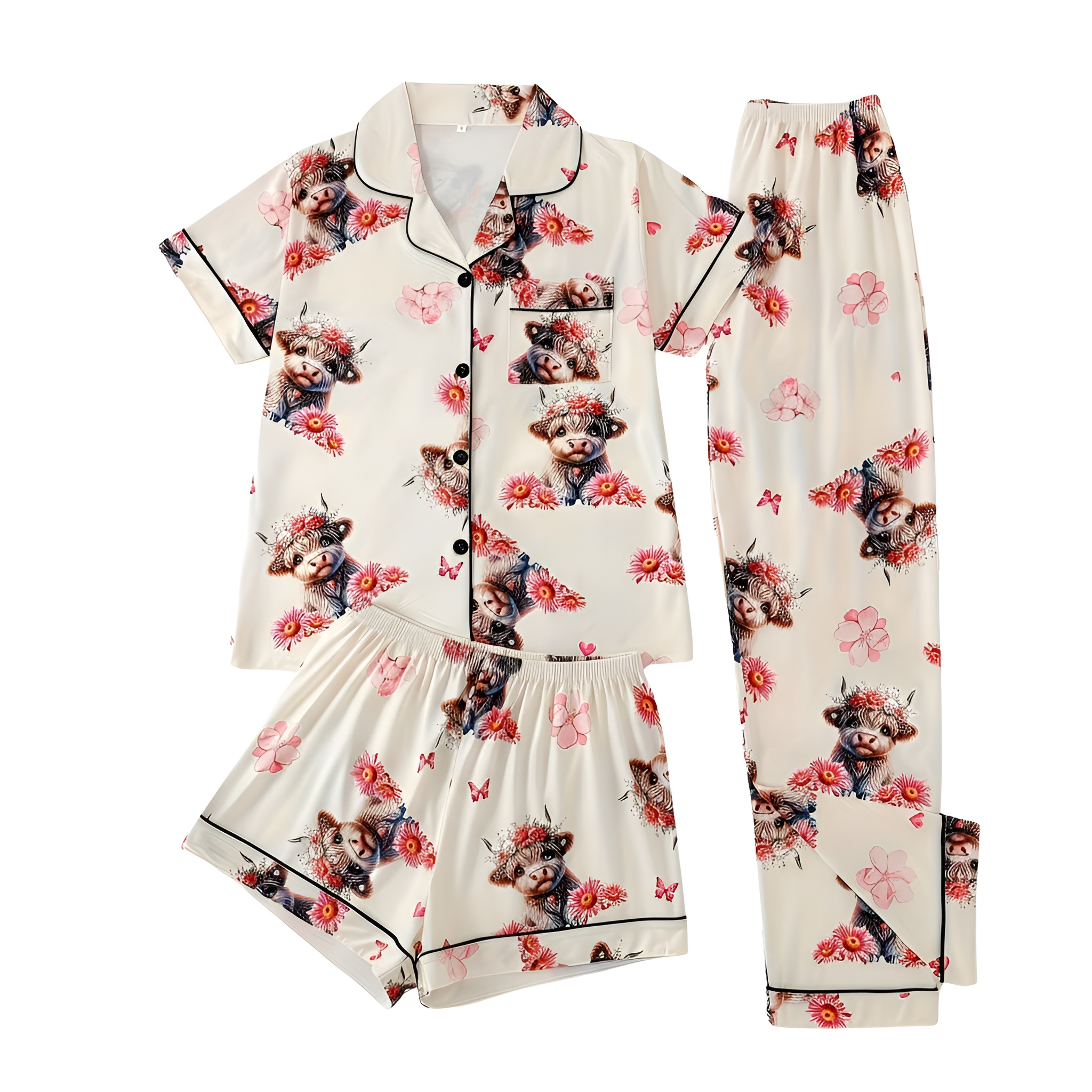 Cartoon Cow Three Piece Pajama Set