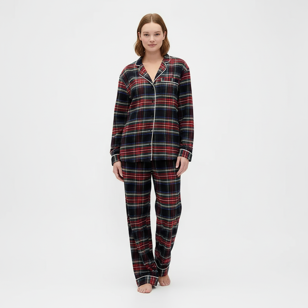 Flannel Pajama Set With Button Front Top and Drawstring Pants