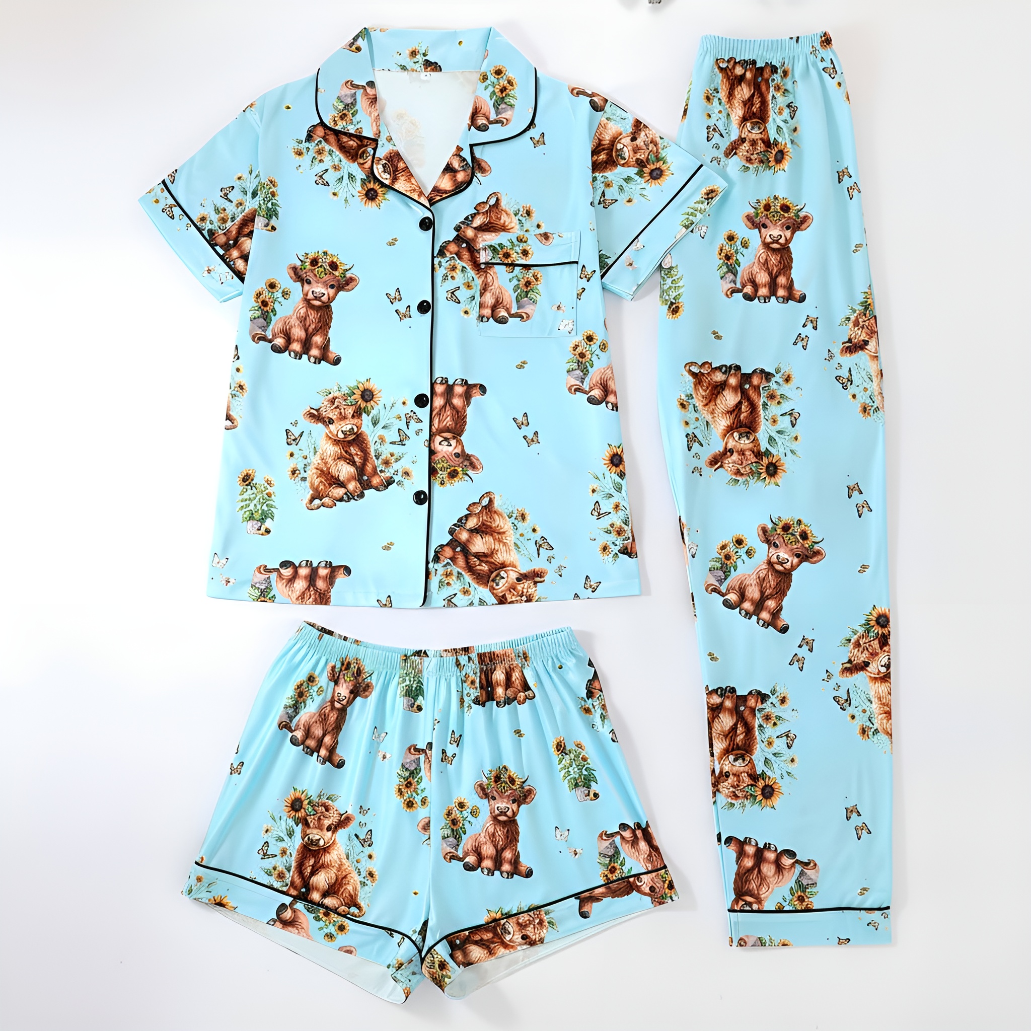 Cartoon Cow Three Piece Pajama Set