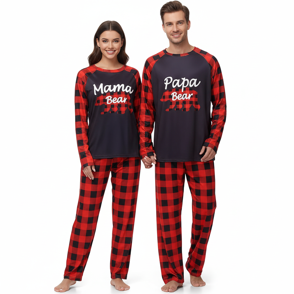 Matching Family Christmas Pajamas Sets With Bear Print For Winter Holidays