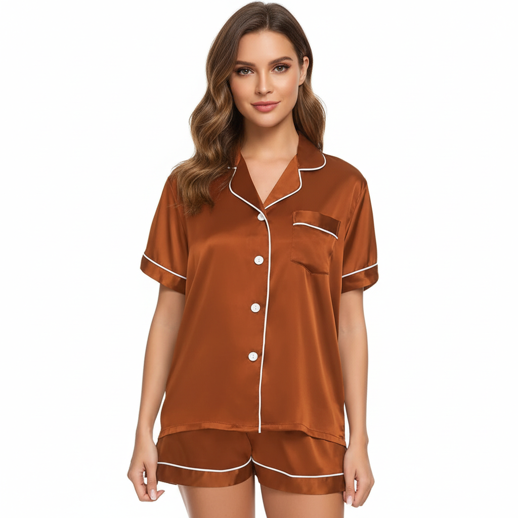 Two Piece Pajamas Set With Button Down Top And Shorts For Women