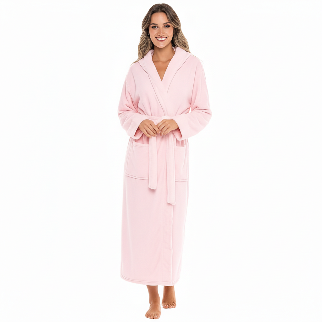Full Length Hooded Plush Fleece Bathrobe With Belt For Women