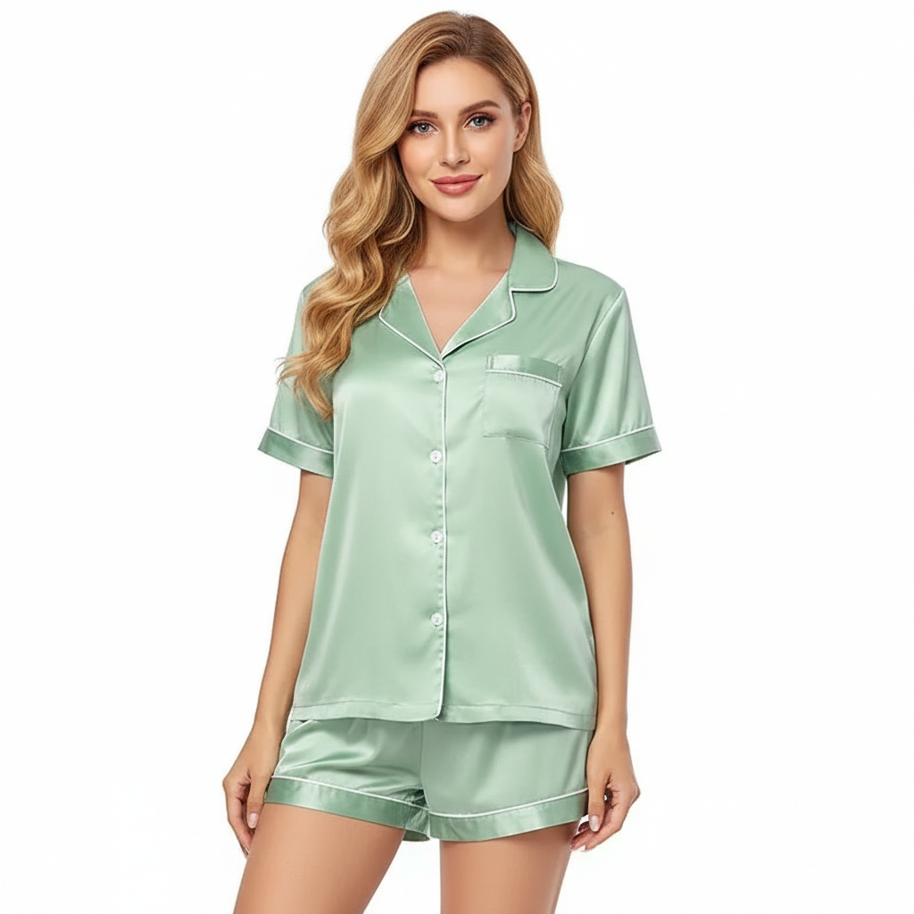 2 Piece Short Sleeve Button Down Top And Shorts Pajama Set For Women