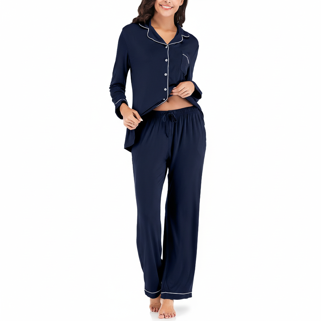 Long Sleeve Button Down Pajama Set Lounge Sleepwear For Women