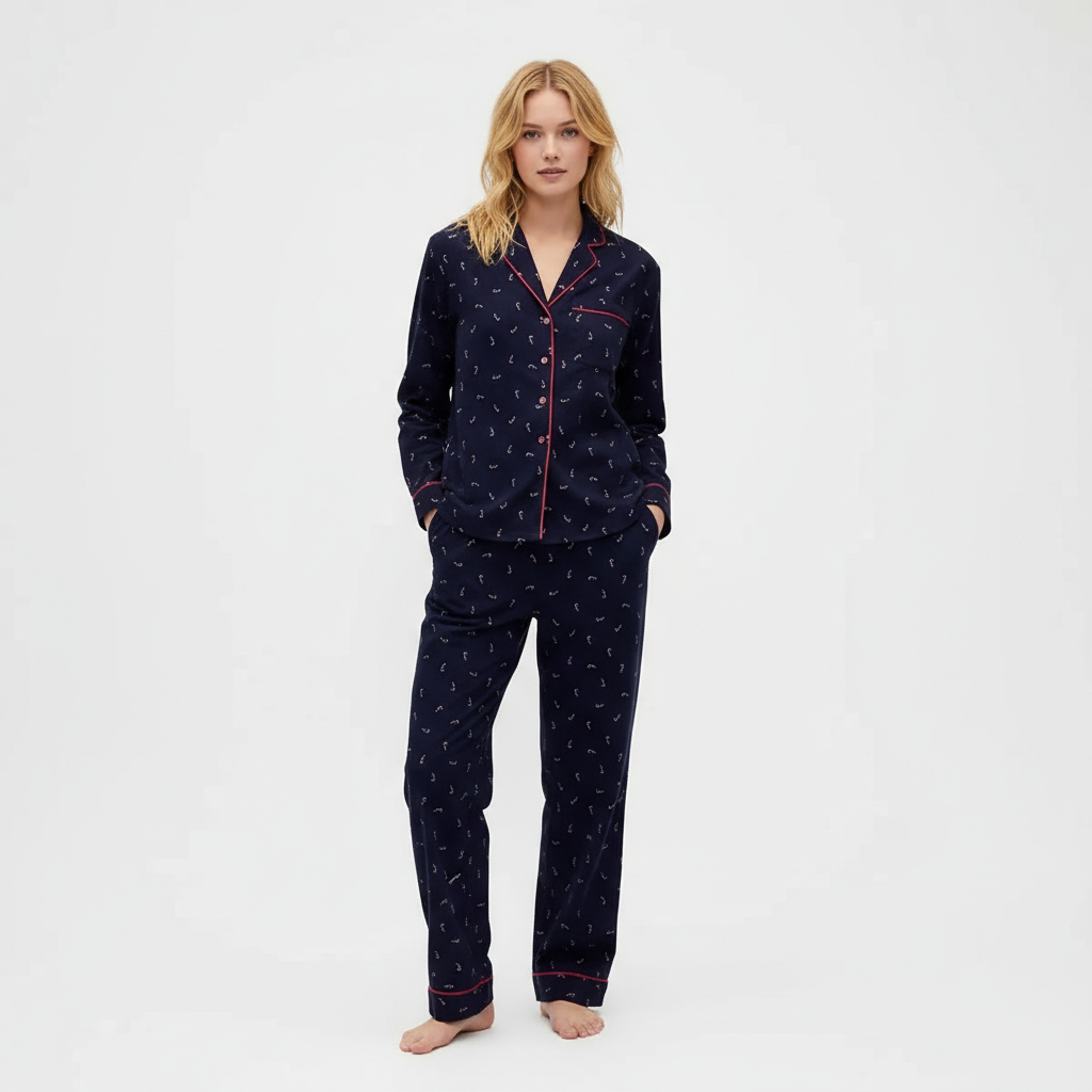 Flannel Pajama Set With Button Front Top and Drawstring Pants
